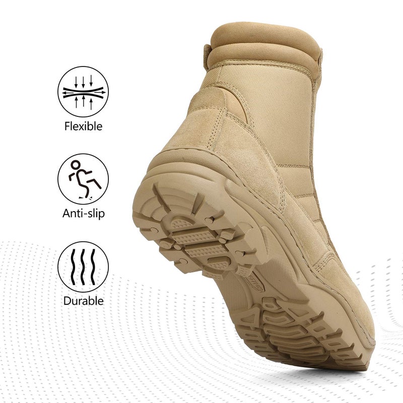 NORTIV 8 Mens Military Tactical Work Boots Side Zipper Hiking Leather Outdoor 8 Inches Motorcycle Combat Boots s Size 7 M US Trooper, Sand-8 Inches - Image 2